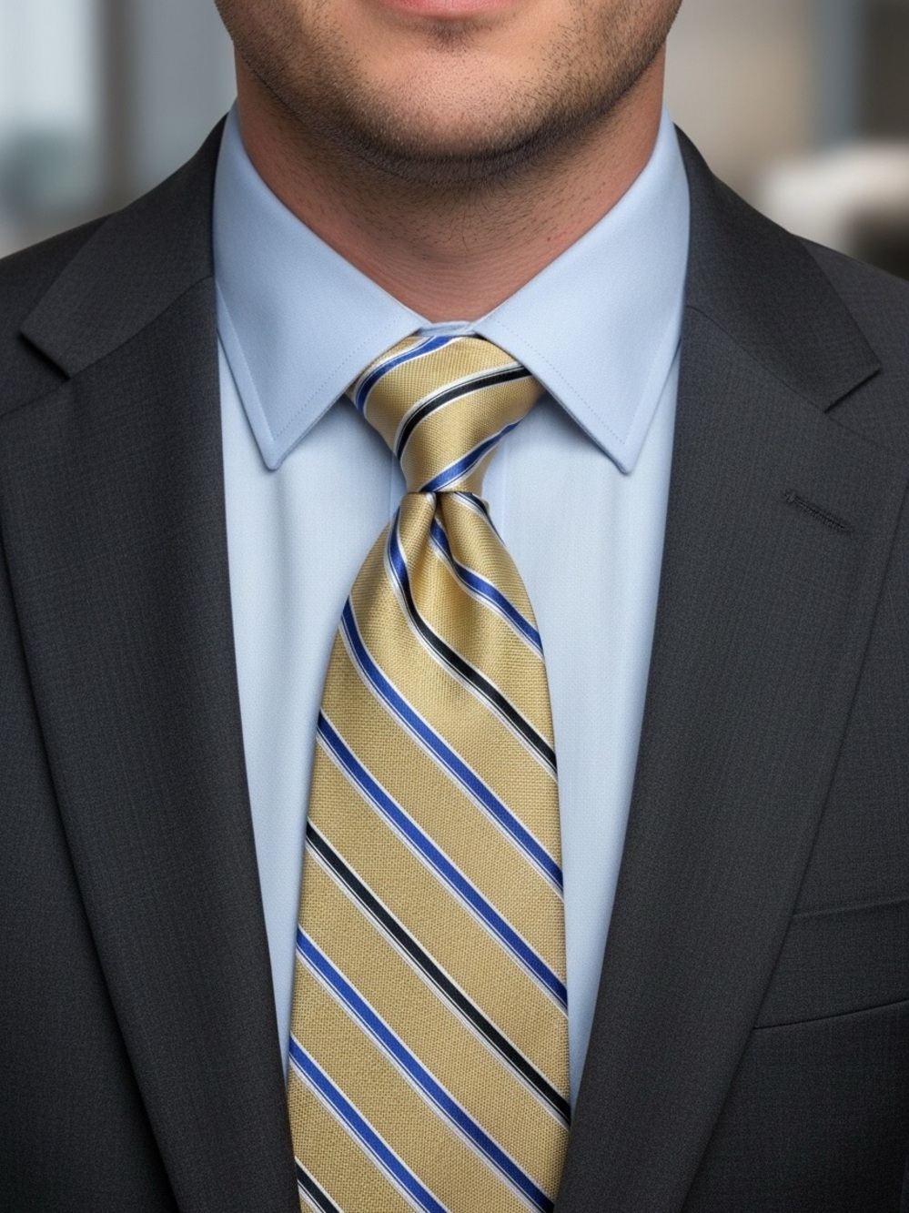 Ralph Lauren Chaps 100% Silk Gold Tie with Blue and Navy Diagonal Stripes NWOT